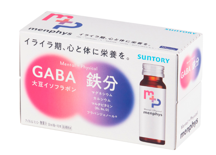 The product "menphys GABA, soy isoflavone, and iron" is a liquid shot designed for women.  © Suntory Beverage and Food Limited